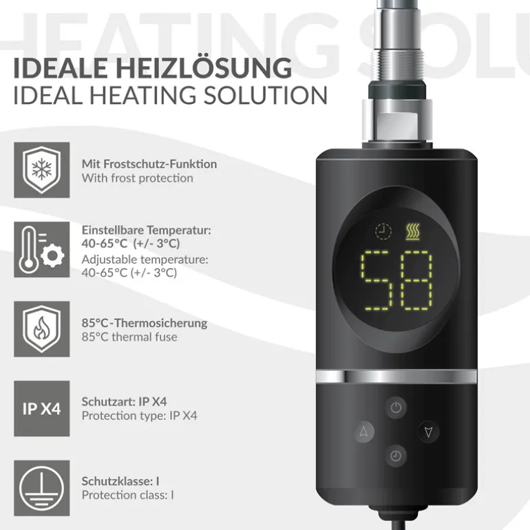 Heizstab 300W Schwarz mit Thermostat und LCD Bildschirm LuxeBath