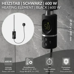 Heizstab 600W Schwarz mit Thermostat und LCD Bildschirm LuxeBath