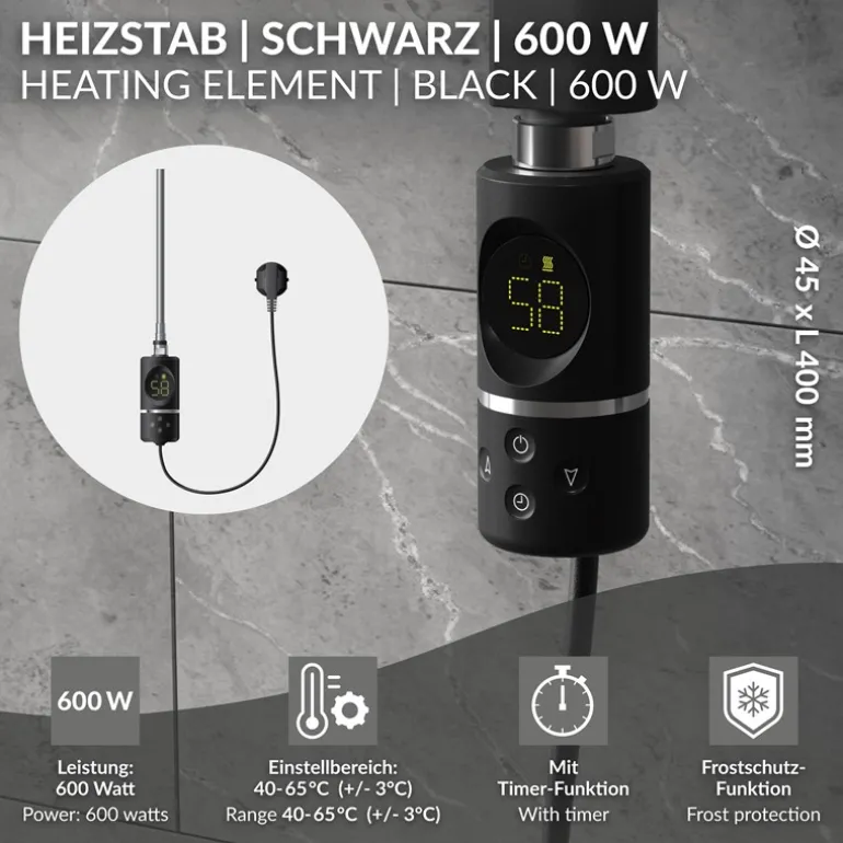 Heizstab 600W Schwarz mit Thermostat und LCD Bildschirm LuxeBath
