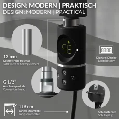 Heizstab 600W Schwarz mit Thermostat und LCD Bildschirm LuxeBath