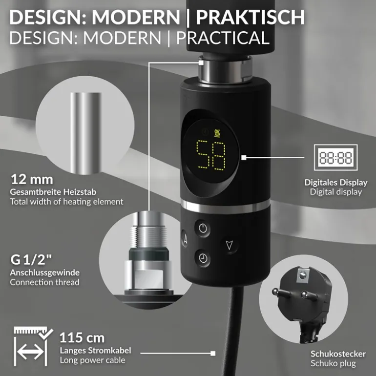 Heizstab 600W Schwarz mit Thermostat und LCD Bildschirm LuxeBath