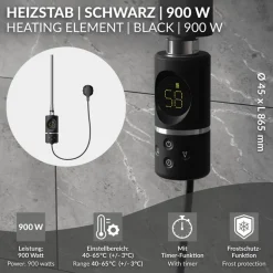 Heizstab 900W Schwarz mit Thermostat und LCD Bildschirm LuxeBath