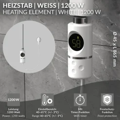Heizstab 1200W Weiß mit Thermostat und LCD Bildschirm LuxeBath