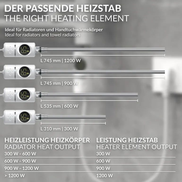 Heizstab 1200W Weiß mit Thermostat und LCD Bildschirm LuxeBath