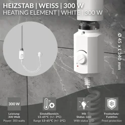 Heizstab 300W Weiß mit Thermostat für Badheizkörper LuxeBath