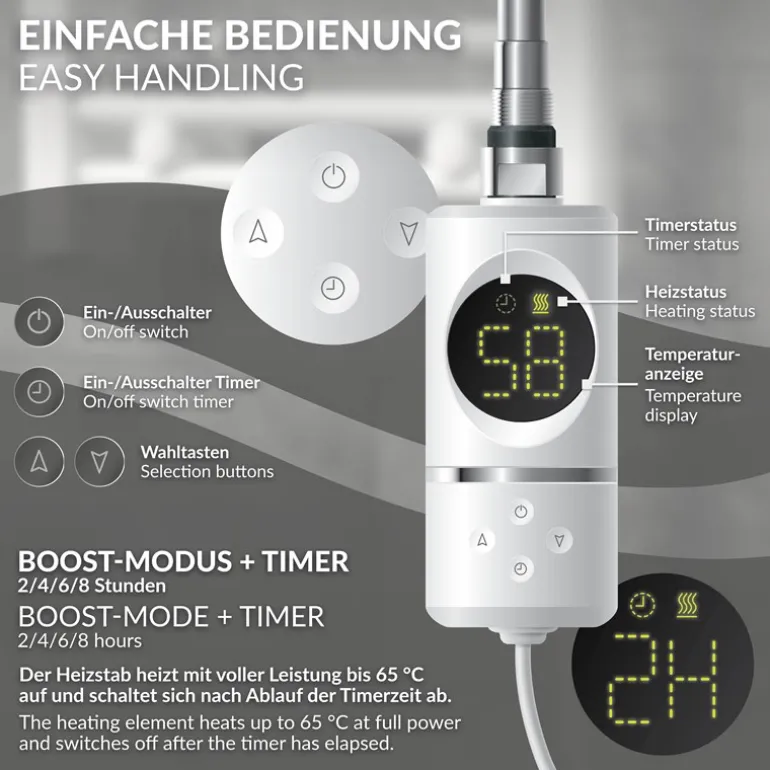 Heizstab 300W Weiß mit Thermostat und LCD Bildschirm LuxeBath