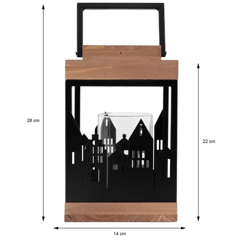 Holzlaterne für Teelichter, Kerzen mit Stadtskyline und Henkel aus Holz und Metall
