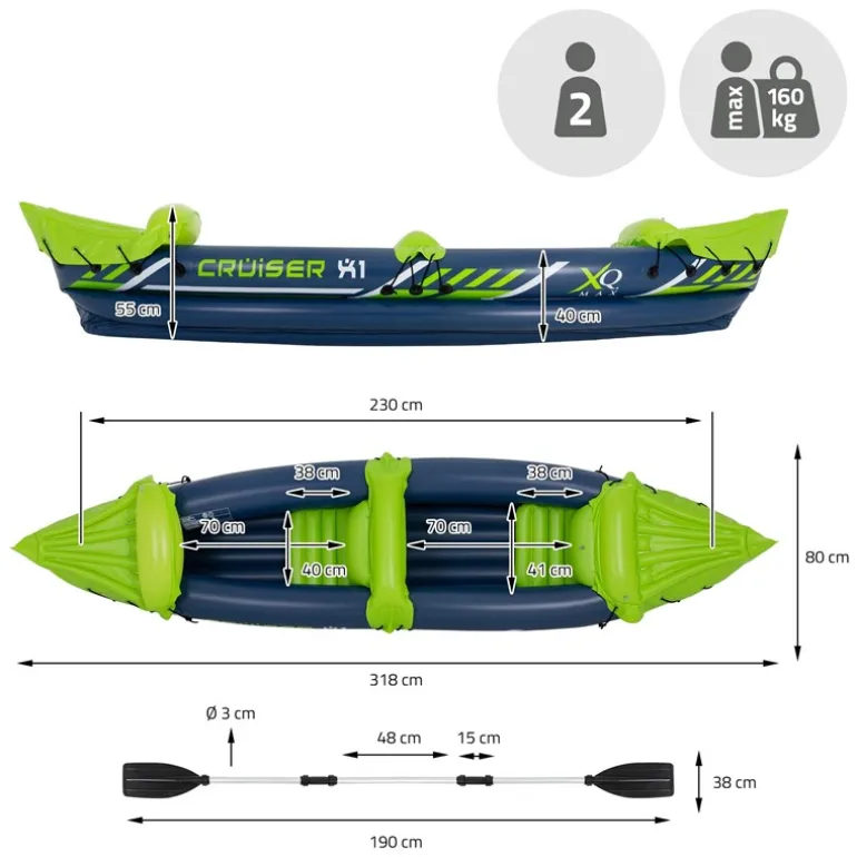 Kajak Cruiser X1 mit Alu-Doppelpaddel 318x80x55 cm Grün/Weiß/Blau aus Kunststoff