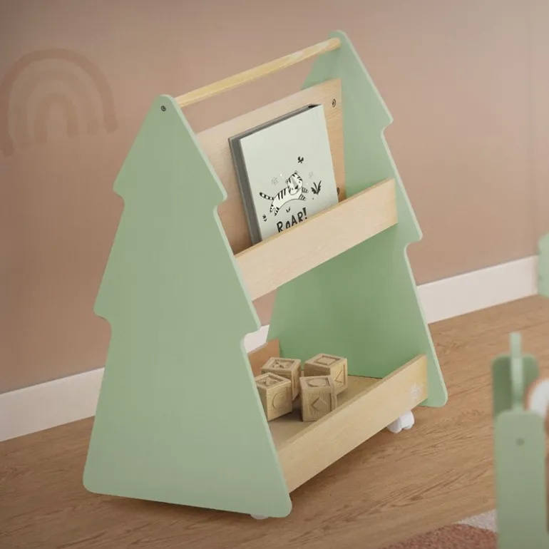 Kinder Bücherregal Tanne-Design Grün/Natur mit Ablagen und Rollen Joyz