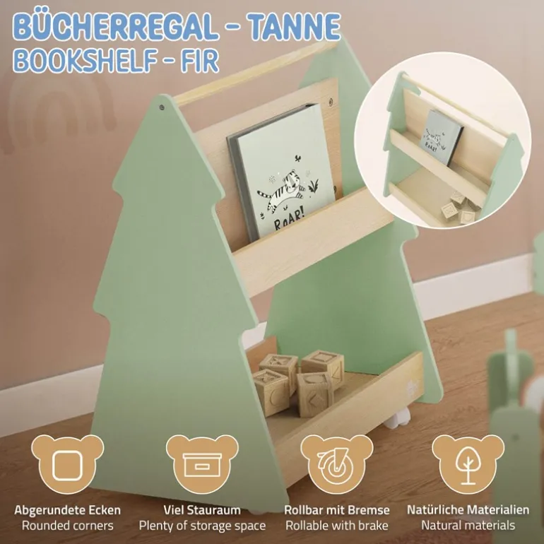 Kinder Bücherregal Tanne-Design Grün/Natur mit Ablagen und Rollen Joyz