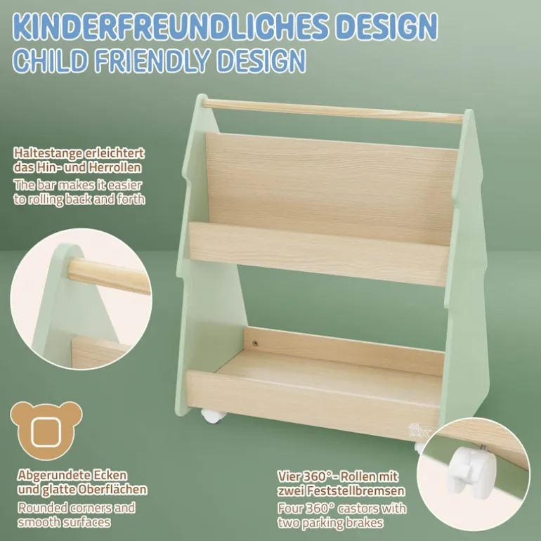 Kinder Bücherregal Tanne-Design Grün/Natur mit Ablagen und Rollen Joyz