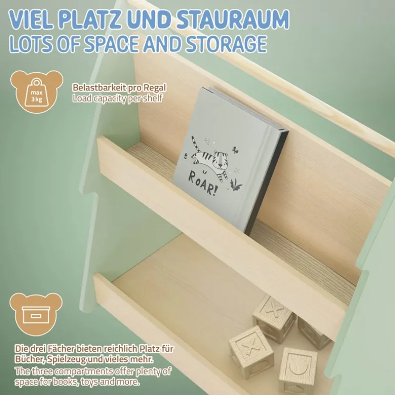 Kinder Bücherregal Tanne-Design Grün/Natur mit Ablagen und Rollen Joyz