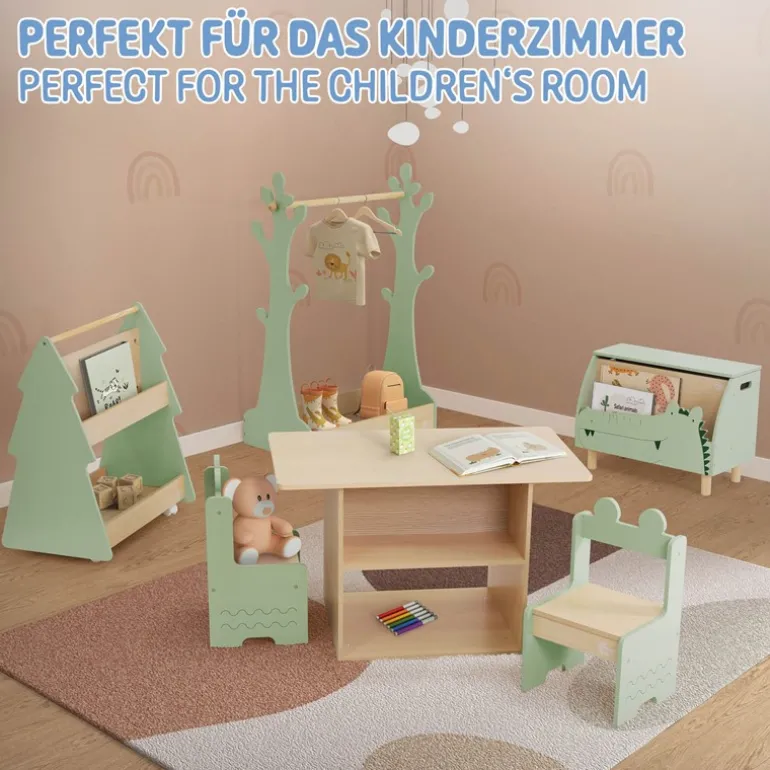 Kinder Bücherregal Tanne-Design Grün/Natur mit Ablagen und Rollen Joyz