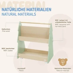 Kinder Bücherregal Tanne-Design Grün/Natur mit Ablagen und Rollen Joyz