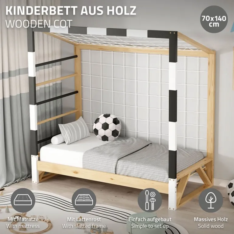 Kinderbett Fußballtor 70x140 cm aus Kiefernholz mit Matratze H:10cm Handballtor mit Lattenrost Kletterleiter & Tornetz ML-Design