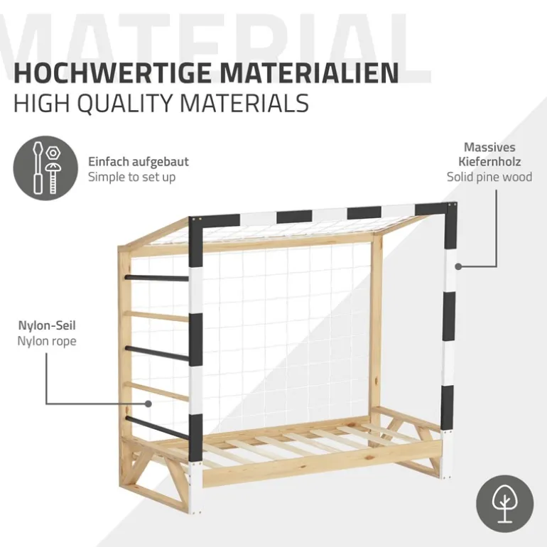 Kinderbett Fußballtor 70x140 cm aus Kiefernholz mit Matratze H:10cm Handballtor mit Lattenrost Kletterleiter & Tornetz ML-Design