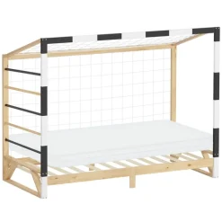 Kinderbett Fußballtor 90x200 cm aus Kiefernholz mit Matratze H:10cm Handballtor mit Lattenrost Kletterleiter & Tornetz ML-Design