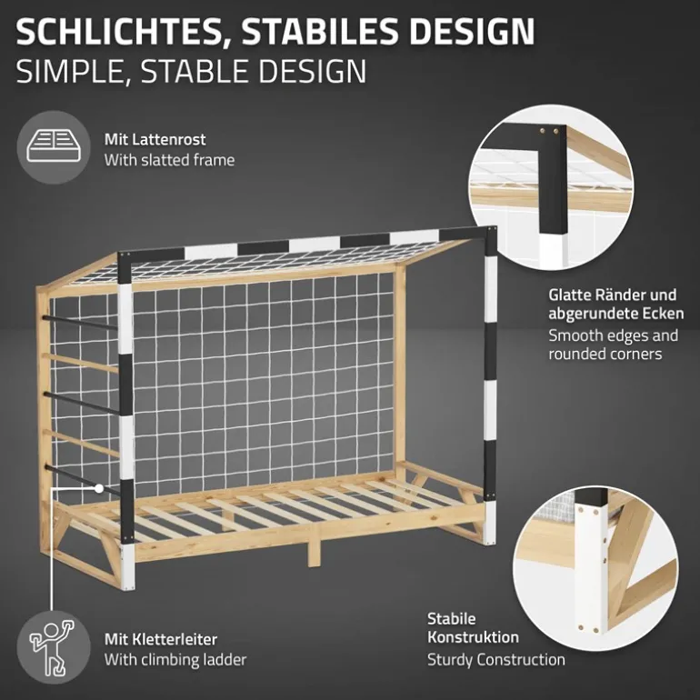 Kinderbett Fußballtor 90x200 cm aus Kiefernholz mit Matratze H:10cm Handballtor mit Lattenrost Kletterleiter & Tornetz ML-Design