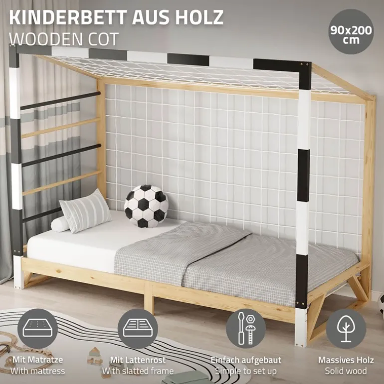 Kinderbett Fußballtor 90x200 cm aus Kiefernholz mit Matratze H:16cm Handballtor mit Lattenrost Kletterleiter & Tornetz ML-Design