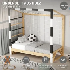 Kinderbett Fußballtor 70x140 cm Holzbett mit Lattenrost Kletterleiter & Tornetz Handballtor aus Kiefernholz ML-Design