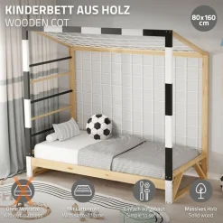Kinderbett Fußballtor 80x160 cm Holzbett mit Lattenrost Kletterleiter & Tornetz Handballtor aus Kiefernholz ML-Design