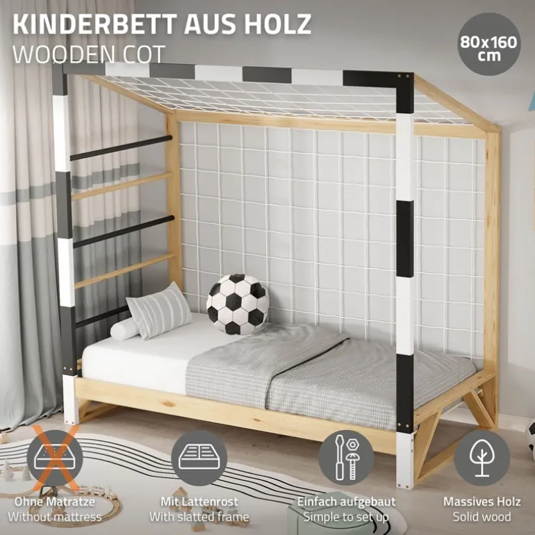 Kinderbett Fußballtor 80x160 cm Holzbett mit Lattenrost Kletterleiter & Tornetz Handballtor aus Kiefernholz ML-Design