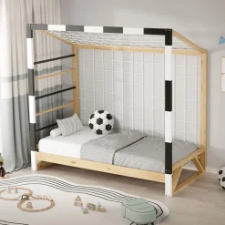 Kinderbett Fußballtor 80x160 cm Holzbett mit Lattenrost Kletterleiter & Tornetz Handballtor aus Kiefernholz ML-Design