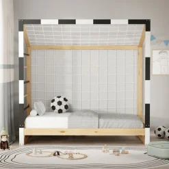 Kinderbett Fußballtor 80x160 cm Holzbett mit Lattenrost Kletterleiter & Tornetz Handballtor aus Kiefernholz ML-Design