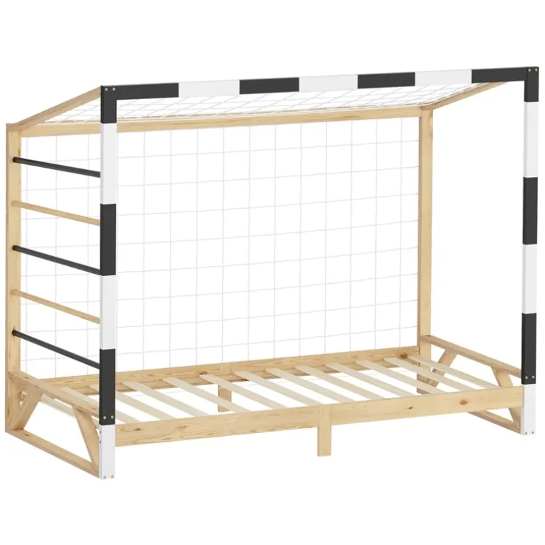 Kinderbett Fußballtor 90x200 cm Holzbett mit Lattenrost Kletterleiter & Tornetz Handballtor aus Kiefernholz ML-Design