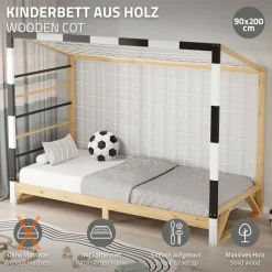 Kinderbett Fußballtor 90x200 cm Holzbett mit Lattenrost Kletterleiter & Tornetz Handballtor aus Kiefernholz ML-Design