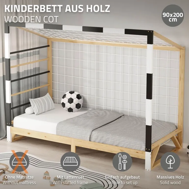 Kinderbett Fußballtor 90x200 cm Holzbett mit Lattenrost Kletterleiter & Tornetz Handballtor aus Kiefernholz ML-Design