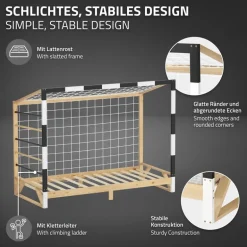 Kinderbett Fußballtor 90x200 cm Holzbett mit Lattenrost Kletterleiter & Tornetz Handballtor aus Kiefernholz ML-Design
