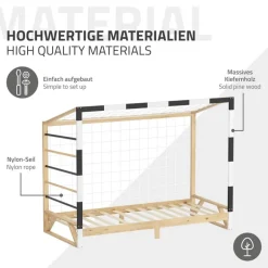 Kinderbett Fußballtor 90x200 cm Holzbett mit Lattenrost Kletterleiter & Tornetz Handballtor aus Kiefernholz ML-Design