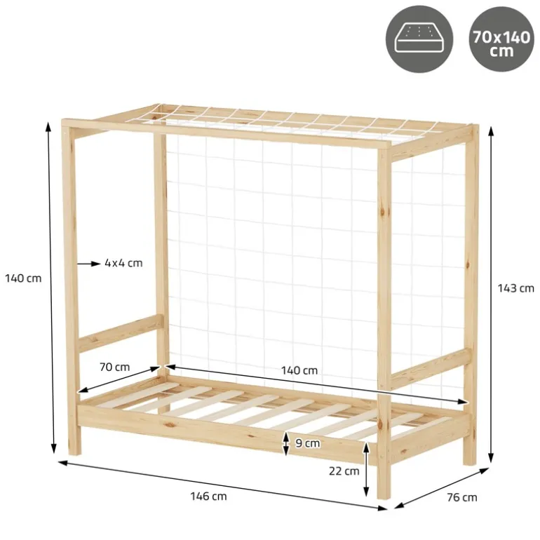 Kinderbett Fußballtor 70x140 cm Natur Einzelbett für Kinder Holzbett mit Lattenrost & Tornetz Handballtor ML-Design
