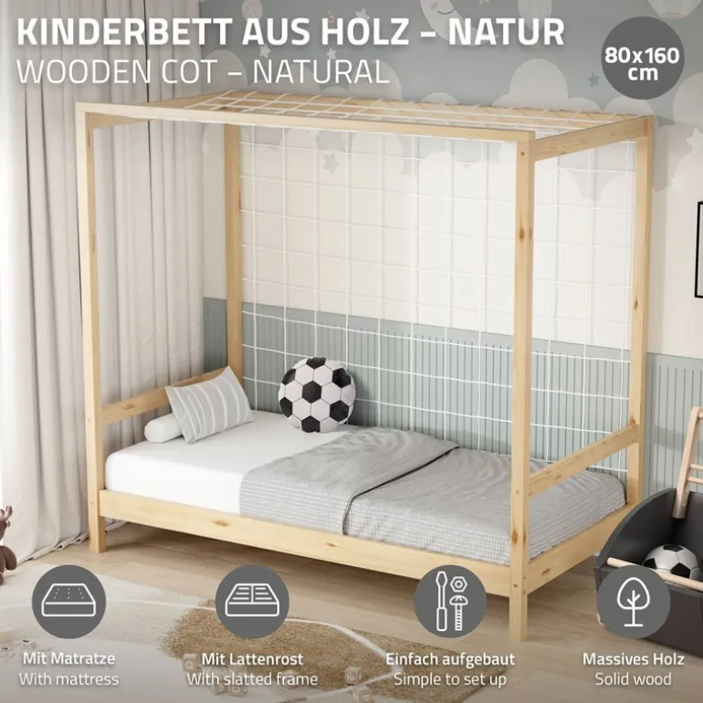 Kinderbett Fußballtor 80x160 cm Natur aus Kiefernholz mit Matratze H-10cm Handballtor mit Lattenrost & Tornetz ML-Design