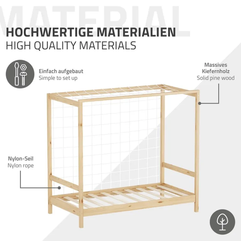 Kinderbett Fußballtor 80x160 cm Natur aus Kiefernholz mit Matratze H-10cm Handballtor mit Lattenrost & Tornetz ML-Design