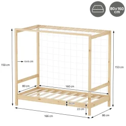 Kinderbett Fußballtor 80x160 cm Natur Einzelbett für Kinder Holzbett mit Lattenrost & Tornetz Handballtor ML-Design