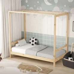 Kinderbett Fußballtor 80x160 cm Natur Einzelbett für Kinder Holzbett mit Lattenrost & Tornetz Handballtor ML-Design