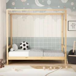 Kinderbett Fußballtor 80x160 cm Natur Einzelbett für Kinder Holzbett mit Lattenrost & Tornetz Handballtor ML-Design