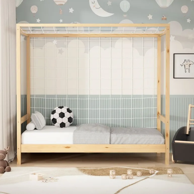 Kinderbett Fußballtor 80x160 cm Natur Einzelbett für Kinder Holzbett mit Lattenrost & Tornetz Handballtor ML-Design