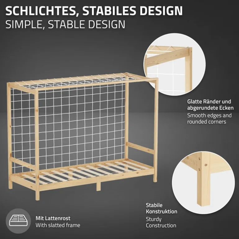 Kinderbett Fußballtor 90x200 cm Natur aus Kiefernholz mit Matratze H-10cm Handballtor mit Lattenrost & Tornetz ML-Design