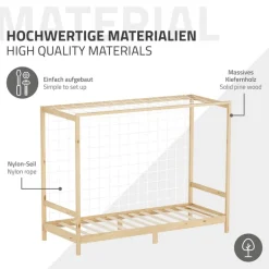 Kinderbett Fußballtor 90x200 cm Natur aus Kiefernholz mit Matratze H-10cm Handballtor mit Lattenrost & Tornetz ML-Design