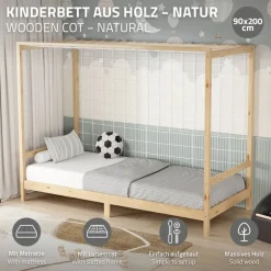 Kinderbett Fußballtor 90x200 cm Natur aus Kiefernholz mit Matratze H-16cm Handballtor mit Lattenrost & Tornetz ML-Design