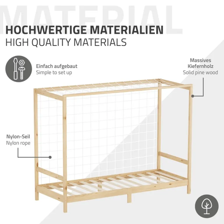 Kinderbett Fußballtor 90x200 cm Natur aus Kiefernholz mit Matratze H-16cm Handballtor mit Lattenrost & Tornetz ML-Design