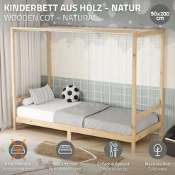 Kinderbett Fußballtor 90x200 cm Natur Einzelbett für Kinder Holzbett mit Lattenrost & Tornetz Handballtor ML-Design