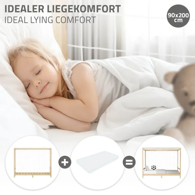Kinderbett Fußballtor 90x200 cm Natur Einzelbett für Kinder Holzbett mit Lattenrost & Tornetz Handballtor ML-Design