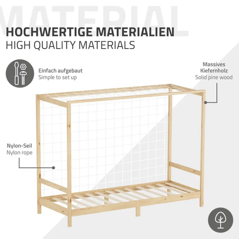 Kinderbett Fußballtor 90x200 cm Natur Einzelbett für Kinder Holzbett mit Lattenrost & Tornetz Handballtor ML-Design