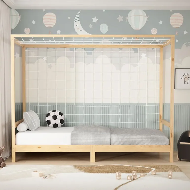 Kinderbett Fußballtor 90x200 cm Natur Einzelbett für Kinder Holzbett mit Lattenrost & Tornetz Handballtor ML-Design