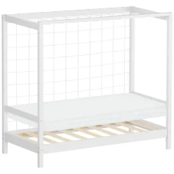 Kinderbett Fußballtor 70x140 cm Weiß aus Kiefernholz mit Matratze H-10cm Handballtor mit Lattenrost & Tornetz ML-Design