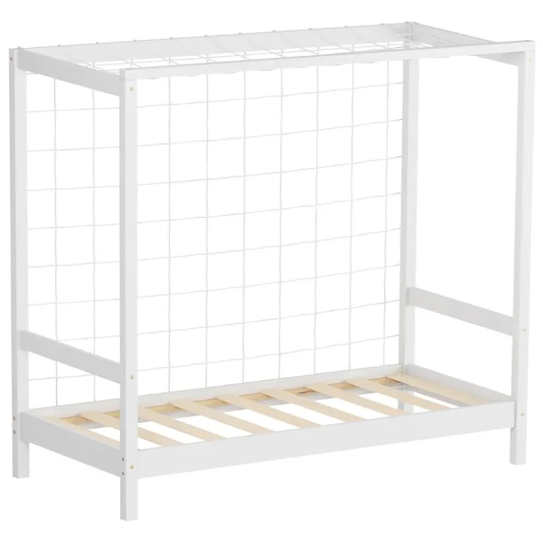 Kinderbett Fußballtor 70x140 cm Weiß Einzelbett für Kinder Holzbett mit Lattenrost & Tornetz Handballtor ML-Design